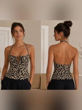 Ann Taylor Petites Halter Top 0P Black Cream Damask Baroque Print Tie Neck